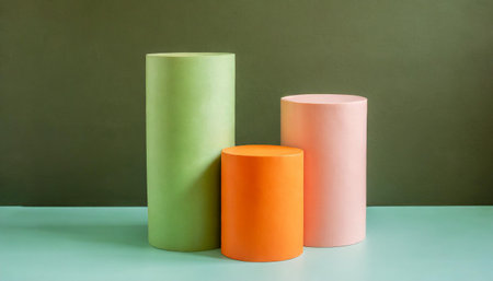 Set of green, orang, pink cylinder pedestal podium display, Empty room background. Abstract modern vector rendering 3d shape for products display presentation. Pastel minimal wall scene, Studio room.の素材