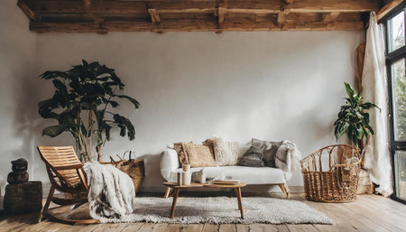 mock up wall in boho interior background, wooden living room design, Scandinavian style, 3d renderの素材