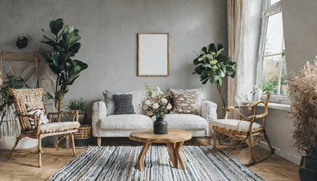mock up wall in boho interior background, wooden living room design, Scandinavian style, 3d renderの素材