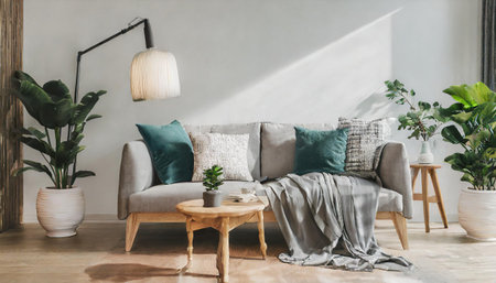 Scandinavian style interior with sofa and coffee table. Empty wall mock up in minimalist interior with pastel colors.の素材