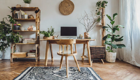 Stylish scandinavian home decor of interior with creative wooden desk, bamboo bookstand with accessories, books and plants. Open space and living room. Brown wooden parquet and stylish carpet.の素材