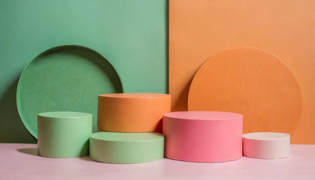 Set of green, orang, pink cylinder pedestal podium display, Empty room background. Abstract modern vector rendering 3d shape for products display presentation. Pastel minimal wall scene, Studio room.の素材