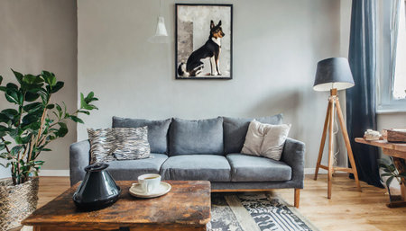 Stylish and eclectic dining room interior with mock up poster map, sharing table design chairs, gold pedant lamp and elegant sofa in second space. White walls, wooden parquet. Tropical leaves in vaseの素材