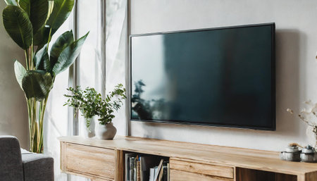 smart tv mockup hanging on the concrete wall in modern luxury interiorの素材