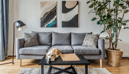 Stylish and eclectic dining room interior with mock up poster map, sharing table design chairs, gold pedant lamp and elegant sofa in second space. White walls, wooden parquet. Tropical leaves in vaseの素材