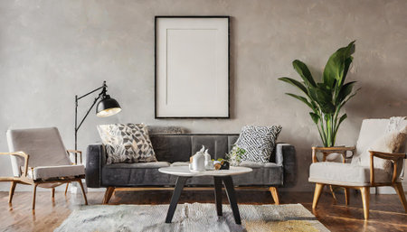 beautiful interior design furniture with mockup poster artwork with border frame interior house template for your design clean minimalist style decoration home interior background ideas,ai generateの素材