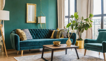 Stylish living room interior idea with green, blue and gold colorsの素材