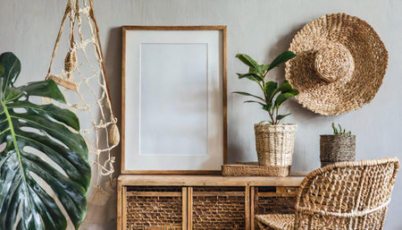 Stylish interior design of living room with wooden retro commode, chair, tropical plant in rattan, basket and elegant personal accessories. Mock up poster frame on the wall. Template. Home decor.の素材