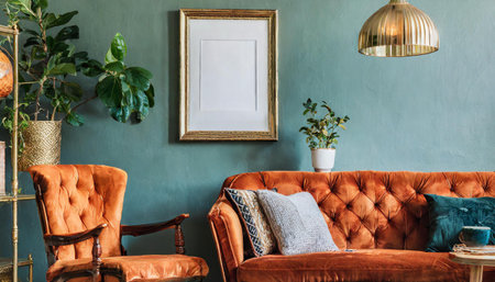 Stylish composite of retro home interior with mock up poster frame, vintage orange chair, velvet sofa, design lamps, gold shelf, plants and elegant accessories. Nice home decor of living roomsの素材