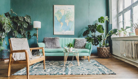 Stylish scandinavian living room interior with design mint sofa, furnitures, mock up poster map, plants, and elegant personal accessories. Home decor. Interior design. Template. Ready to use.の素材
