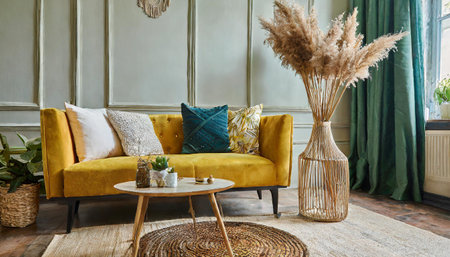Stylish interior of living room at fancy home with design sofa, yellow side table, dried flowers, pillow, carpet decor and personal accessories in modern home decorの素材