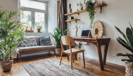 Stylish scandinavian home decor of interior with creative wooden desk, bamboo bookstand with accessories, books and plants. Open space and living room. Brown wooden parquet and stylish carpet.の素材
