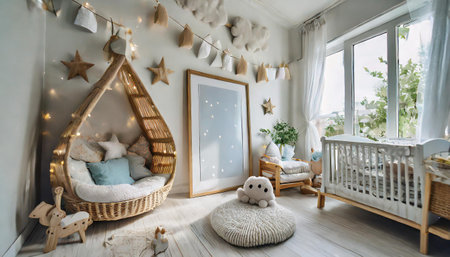 the modern scandinavian newborn baby room with mock up photo frame wooden car plush rhino and clouds hanging cotton flags and white stars minimalistic and cozy interior with white walls real photoの素材