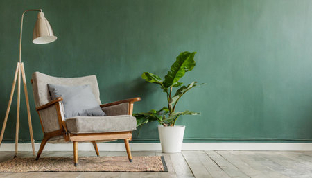 The interior has an armchair on empty green blue wall background,の素材
