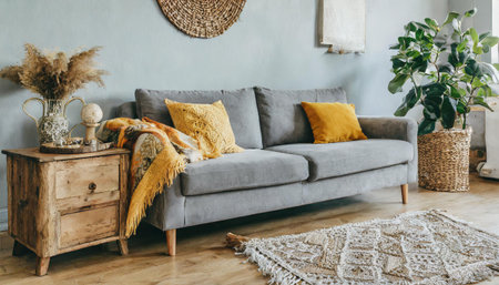 The stylish boho compostion at living room interior with design gray sofa, wooden coffee table, commode and elegant personal accessories. Honey yellow pillow and plaid. Cozy apartment. Home decor Seeの素材