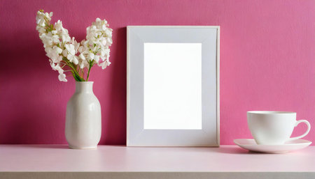 The layout of the poster is white on a pink background, minimalism, Front view, Mock upの素材