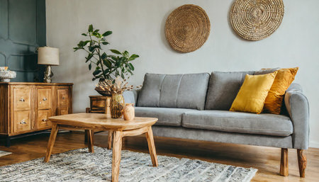 The stylish boho compostion at living room interior with design gray sofa, wooden coffee table, commode and elegant personal accessories. Honey yellow pillow and plaid. Cozy apartment. Home decor Seeの素材