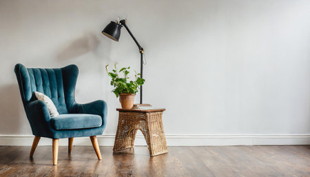 The interior has an armchair on empty white wall background,の素材