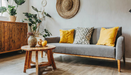 The stylish boho compostion at living room interior with design gray sofa, wooden coffee table, commode and elegant personal accessories. Honey yellow pillow and plaid. Cozy apartment. Home decor Seeの素材