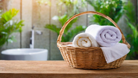 Towel in basket on wooden table over blurred bathroom backgroundの素材