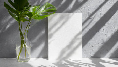 vertical sheets of textured white paper against a soft gray table background. the natural light creates subtle shadows from an exotic plant, enhancing the mockup overlay in a horizontalの素材