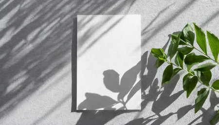 vertical sheets of textured white paper against a soft gray table background. the natural light creates subtle shadows from an exotic plant, enhancing the mockup overlay in a horizontalの素材