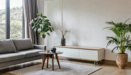 Wall mockup in contemporary living room design, empty white wall background, panoramaの素材