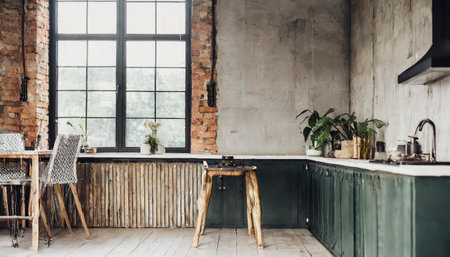 Wall mockup in loft, kitchen in industrial style, 3D render,の素材