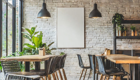 Cafe or restaurant interior with blank horizontal poster on the white brick wall. Front view. Clipping path around poster mock up. 3d illustration.の素材