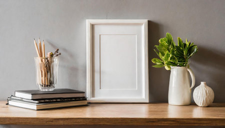 White frame and home decoration details on tabletop with wall, artwork poster mock-upの素材