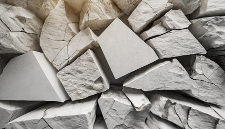 White pieces of Stone wall with broken textured edges, debris stone slabs for product display background. 3d rendering.の素材