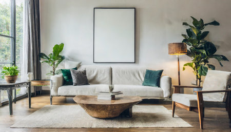 simple poster for an interior White living room wall with a contemporary sofa and other furnishings should be mocked up. duplicate spaceの素材