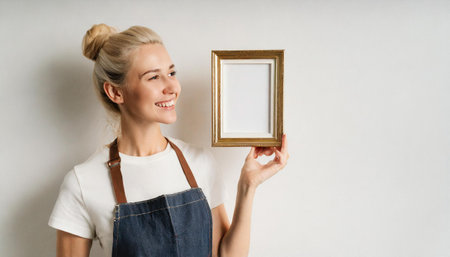 Young pretty woman hold blank canvas with empty mockup copy space. Minimal art concept.の素材