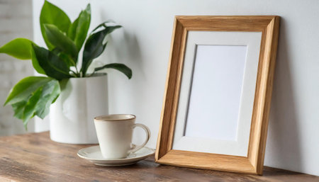 Wooden frame mockup in white minimalistic room with copy space for artwork, photo or print presentationの素材
