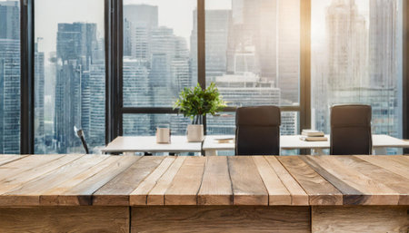 Interior of modern office meeting room 3D rendering.There are wooden and glass walls, there is a long wooden tableの素材