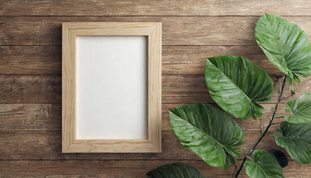wooden frame with poster mockup standing on the white floor 3d renderingの素材