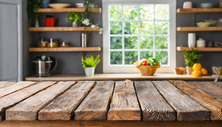 Wooden table on blur window glass white wall in office room. Empty luxury wooden table top shelf for display or montage products banner mock up backgroundの素材