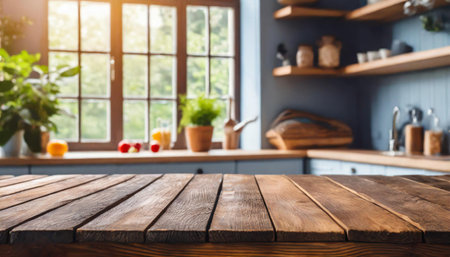 Wooden table on blur window glass white wall in office room. Empty luxury wooden table top shelf for display or montage products banner mock up backgroundの素材