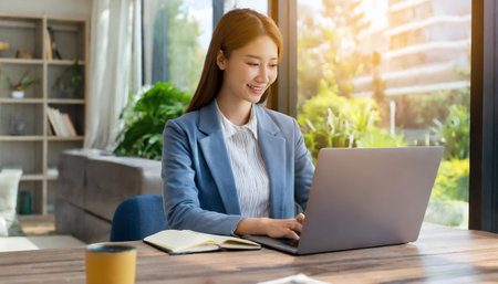 Young woman using laptop computer with blank empty mockup screen. Business woman working at home. Freelance, student lifestyle, e-learning, online shopping, web site, technology conceptの素材