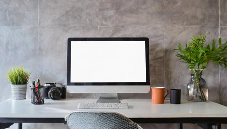screen blank laptop table background white mockup computer business technology office notebook work display portable home desk workspace view room wooden workplace cyberspace open designの素材
