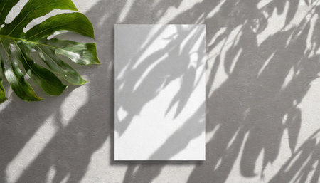 vertical sheets of textured white paper against a soft gray table background. the natural light creates subtle shadows from an exotic plant, enhancing the mockup overlay in a horizontalの素材