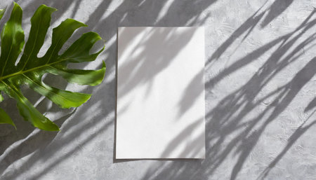 vertical sheets of textured white paper against a soft gray table background. the natural light creates subtle shadows from an exotic plant, enhancing the mockup overlay in a horizontalの素材