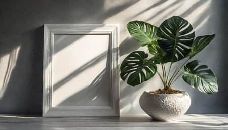 enhancing the mockup overlay in a horizontal, two vertical sheets of textured white paper against a soft gray table background. the natural light creates subtle shadows from an with leaves on tableの素材