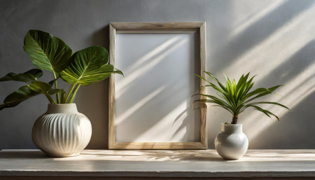 enhancing the mockup overlay in a horizontal, two vertical sheets of textured white paper against a soft gray table background. the natural light creates subtle shadows from an with leaves on tableの素材