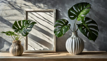 enhancing the mockup overlay in a horizontal, two vertical sheets of textured white paper against a soft gray table background. the natural light creates subtle shadows from an with leaves on tableの素材