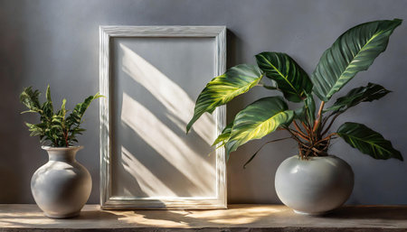 the mockup overlay weaves in shadows from an exotic plant, as natural light two vertical sheets of textured white paper resting on a soft gray table background. with leavesの素材