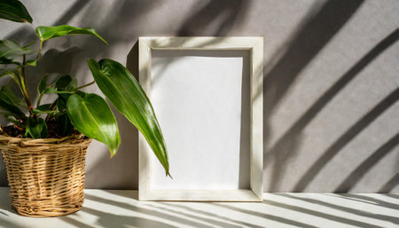 enhancing the mockup overlay in a horizontal, two vertical sheets of textured white paper against a soft gray table background. the natural light creates subtle shadows from an with leaves on tableの素材