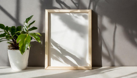 enhancing the mockup overlay in a horizontal, two vertical sheets of textured white paper against a soft gray table background. the natural light creates subtle shadows from an with leaves on tableの素材