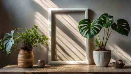 enhancing the mockup overlay in a horizontal, two vertical sheets of textured white paper against a soft gray table background. the natural light creates subtle shadows from an with leaves on tableの素材