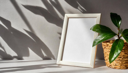 enhancing the mockup overlay in a horizontal, two vertical sheets of textured white paper against a soft gray table background. the natural light creates subtle shadows from an with leaves on tableの素材